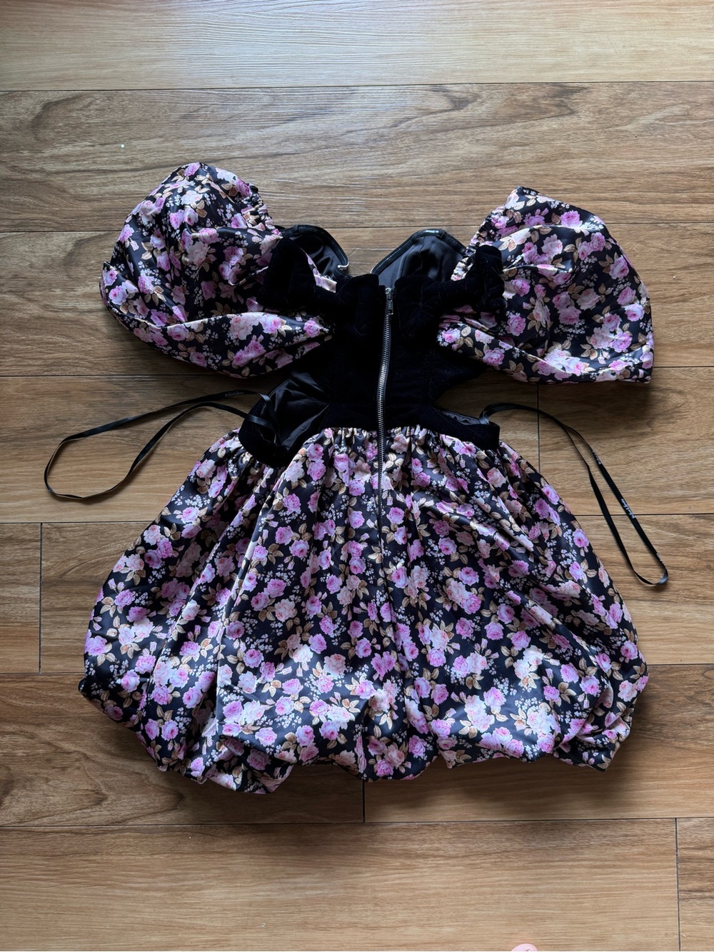 For Love & Lemons Kate Mini Dress Black Floral Puff Sleeve Corset Bubble Hem S - Picture 11 of 12